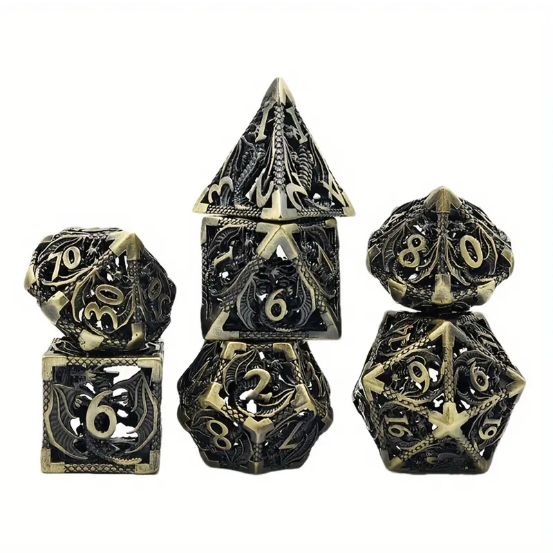 Bronze Dragon – 7 Piece Hollow Metal Polyhedral Dice Set & Dice Case