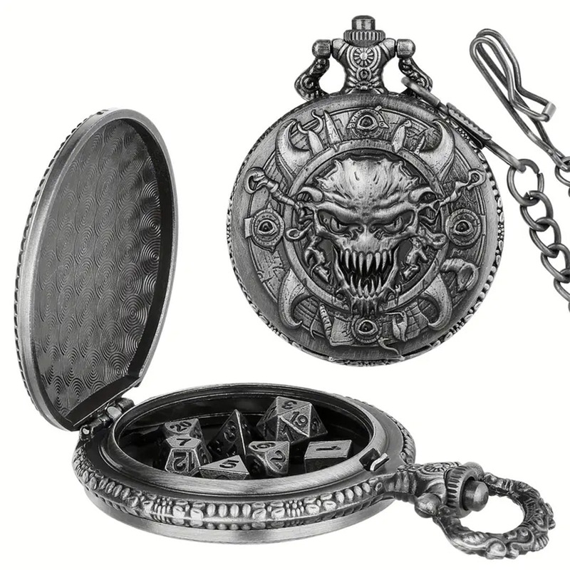 The Devil You Know – 7 Piece Mini Metal Polyhedral Dice Set & Pocket Watch Style Case