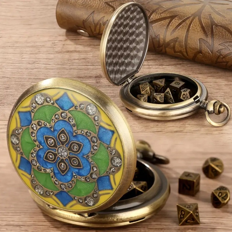 Ottoman Empire – 7 Piece Mini Metal Polyhedral Dice Set & Pocket Watch Style Case