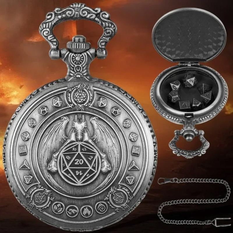 Archmages Timepiece – 7 Piece Mini Metal Polyhedral Dice Set & Pocket Watch Style Case