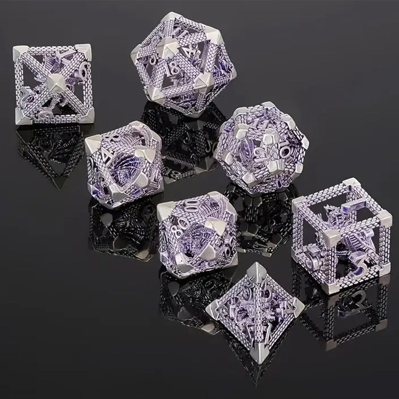 Draconic Might – 7 Piece Hollow Metal Polyhedral Dice Set & Dice Case
