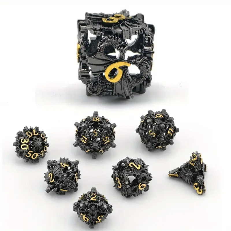 Dancing Dragons – 7 Piece Hollow Metal Polyhedral Dice Set & Dice Case