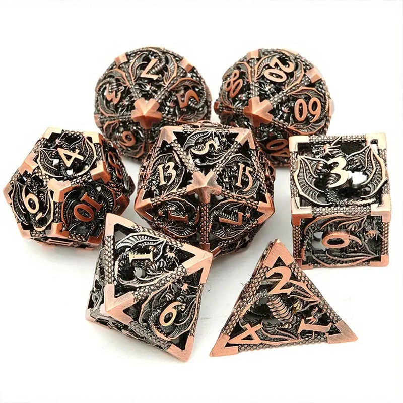 Copper Dragon – 7 Piece Hollow Metal Polyhedral Dice Set & Dice Case