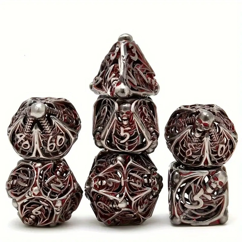 Dem Bones – 7 Piece Hollow Metal Polyhedral Dice Set & Dice Case