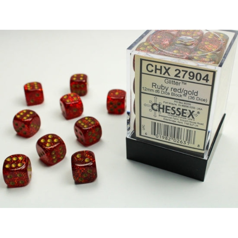 Chessex Glitter: 12MM D6 Ruby/Gold (36)