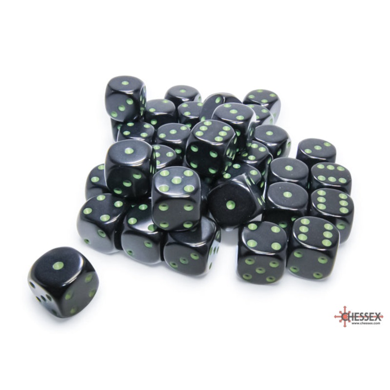 Chessex: 12MM D6 Opaque Black/Green (36)