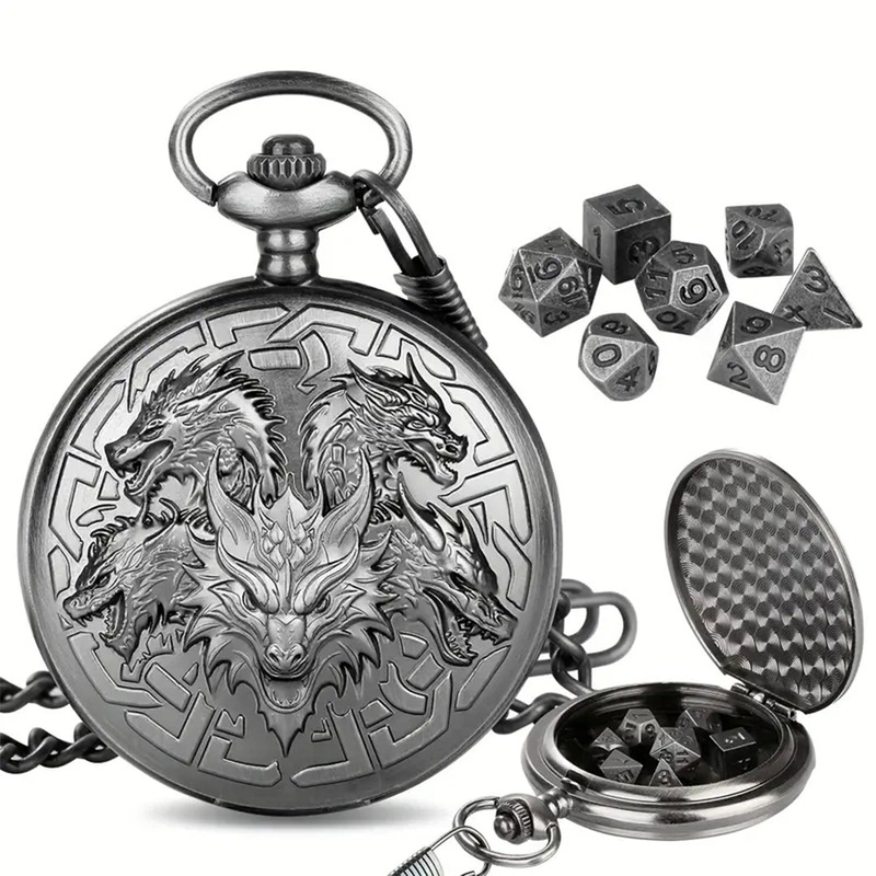 Tiamat Time – 7 Piece Mini Metal Polyhedral Dice Set & Pocket Watch Style Case