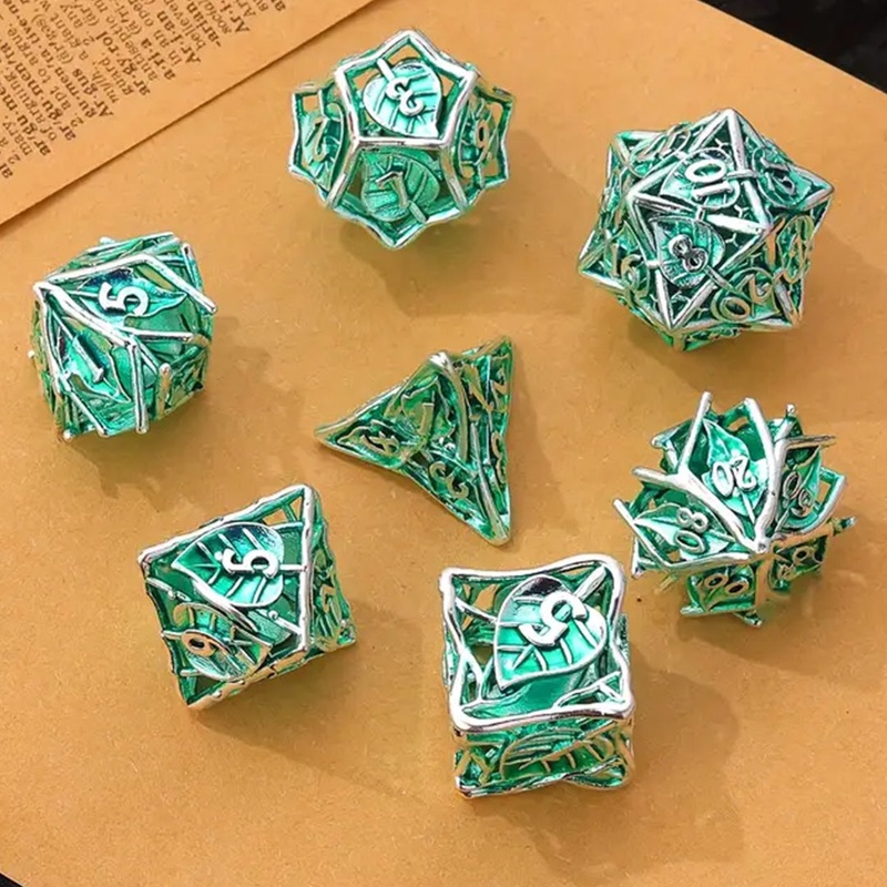 Spring – 7 Piece Hollow Metal Polyhedral Dice Set & Dice Case