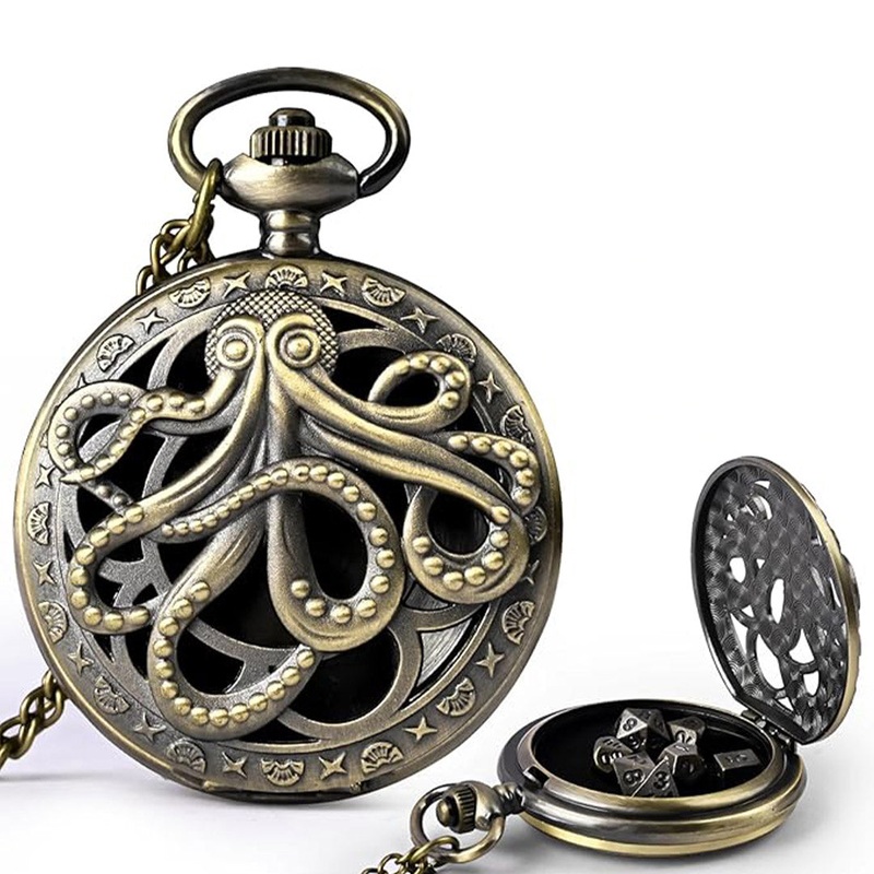 Elder Brain (Brass) – 7 Piece Mini Metal Polyhedral Dice Set & Pocket Watch Style Case