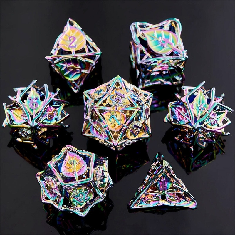 Feywild Foliage – 7 Piece Hollow Metal Polyhedral Dice Set & Dice Case