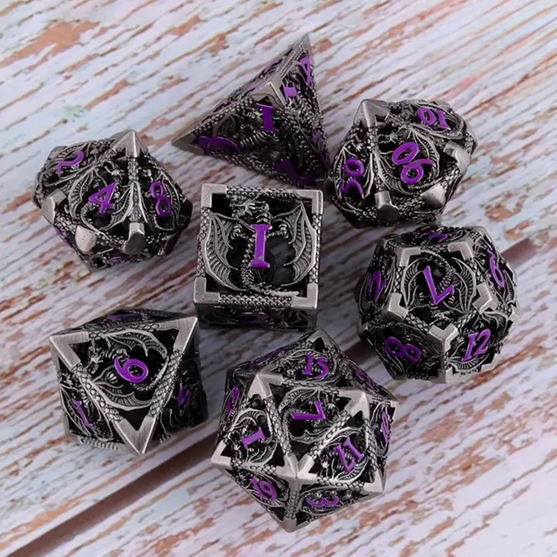 Praetorian Dragon – 7 Piece Hollow Metal Polyhedral Dice Set & Dice Case