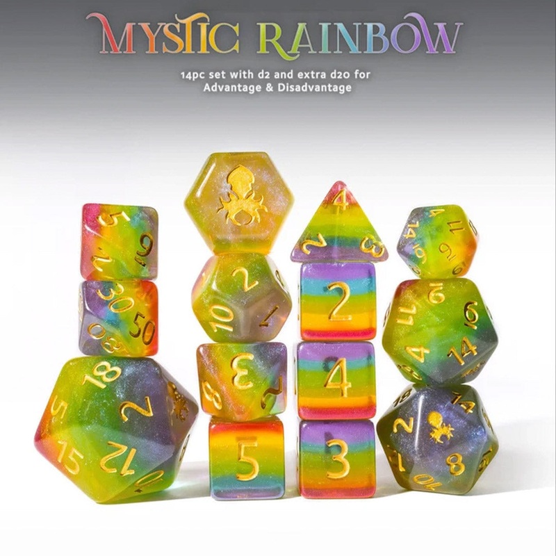 Mystic Rainbow 14pc Dice Set Inked in Gold by Kraken Dice
