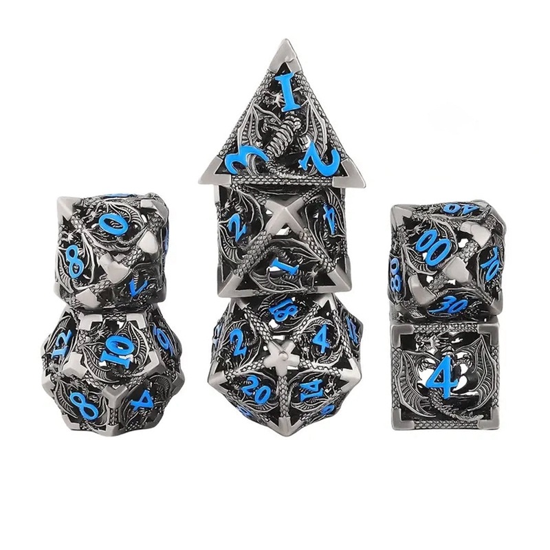 Dragons of Winter Night – 7 Piece Hollow Metal Polyhedral Dice Set & Dice Case