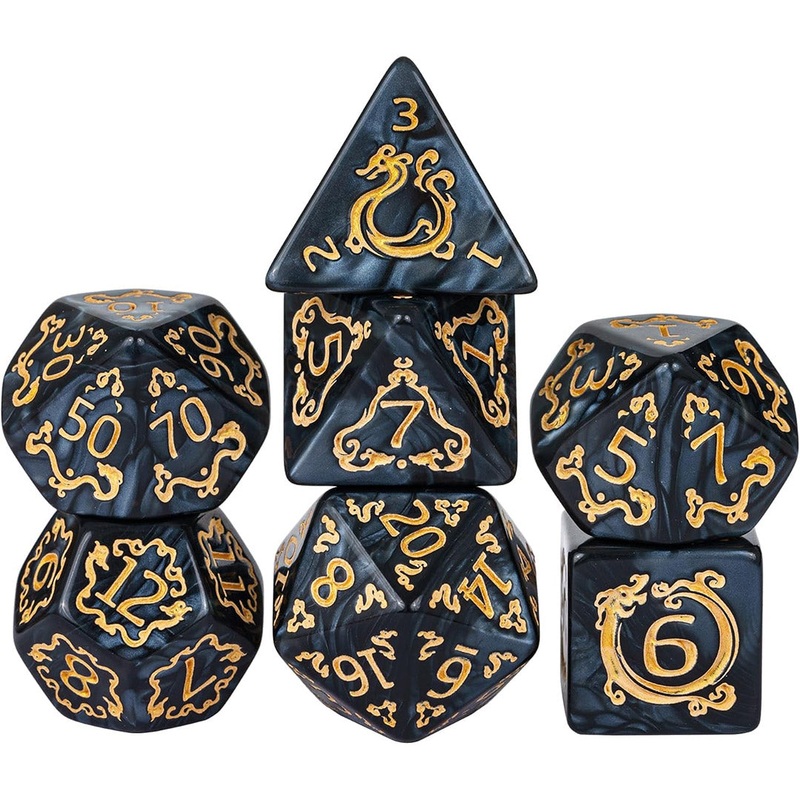 Noir Dragon – 7 Piece Polyhedral Dice Set + Dice Bag