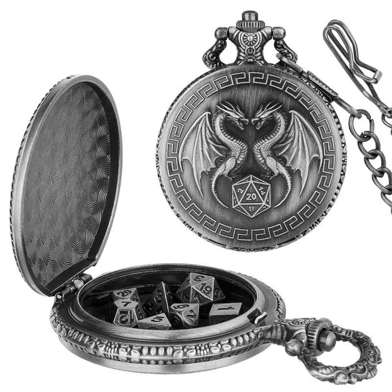 Double Dragon – 7 Piece Mini Metal Polyhedral Dice Set & Pocket Watch Style Case