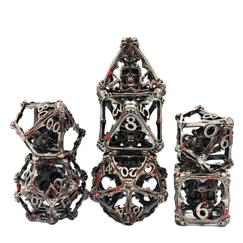 Crypt Keeper – 7 Piece Hollow Metal Polyhedral Dice Set & Dice Case