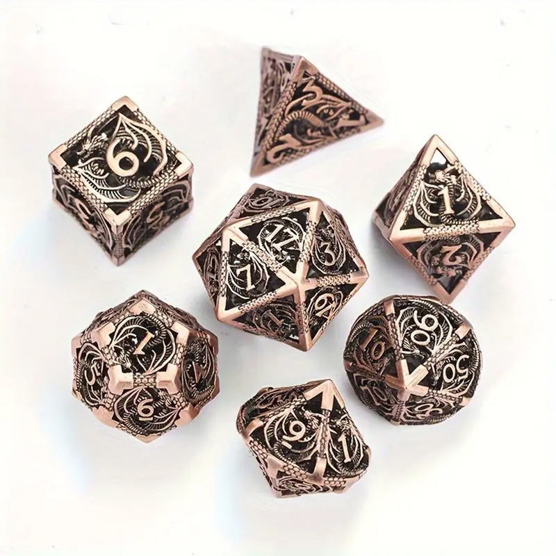 Dragon Tales – 7 Piece Hollow Metal Polyhedral Dice Set & Dice Case