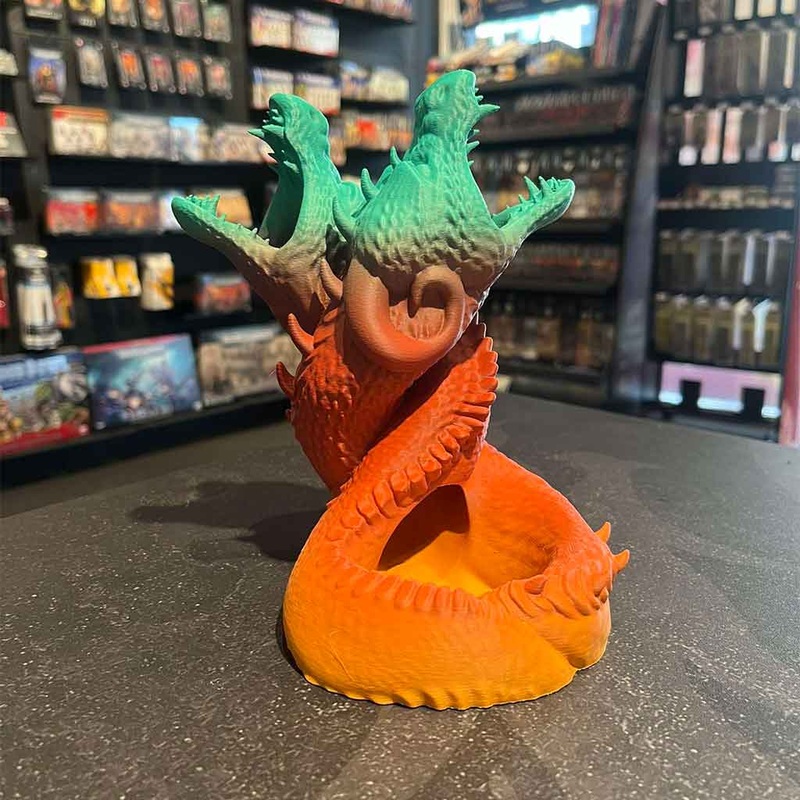 3D Printed Dice Tower – Dueling Dragons (Orange/Red/Teal)