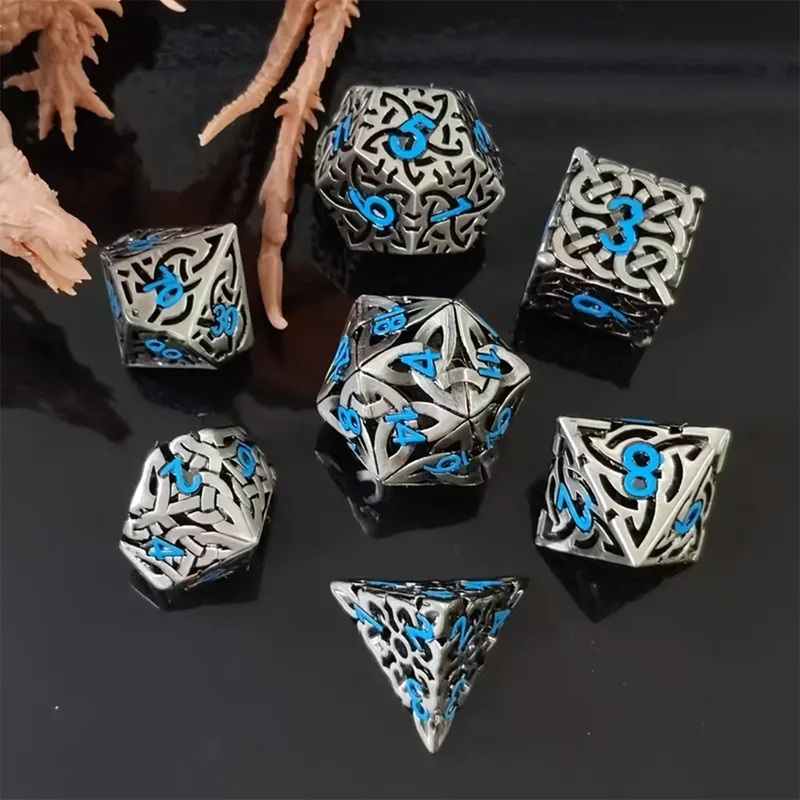 Triskelion – 7 Piece Hollow Metal Polyhedral Dice Set & Dice Case